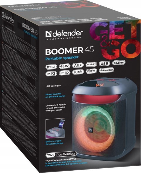 Głośnik Bluetooth Defender Boomer 45W Tws Led Fm Usb/Microsd 12H Działania!
