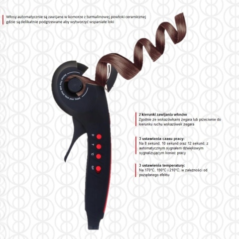 AUTOMATYCZNA LOKÓWKA DO WŁOSÓW: 360° KABEL, LCD, REGULACJA, TURMALINOWA