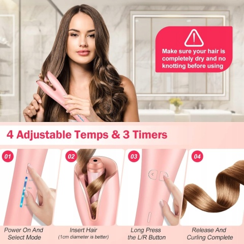 AUTOMATYCZNA RÓŻOWA LOKÓWKA SPIN CURL 1" CERAMICZNA 150-210°C TIMER 30 MIN