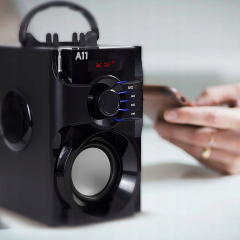 GŁOŚNIK PRZENOŚNY BLUETOOTH 15W 700W PMPO IMPREZOWE BASY, FM/USB/AUX CZARNY