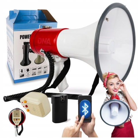 MEGAFON AKUMULATOROWY 50W DNA MEGA 2 USB BT MICRO SD SYRENA, ZASIĘG 400M