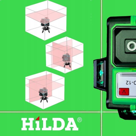 Poziomica Laserowa Hilda 3D 12 Lini, 2X Aku, Statyw 2M, Blokada Wahadła