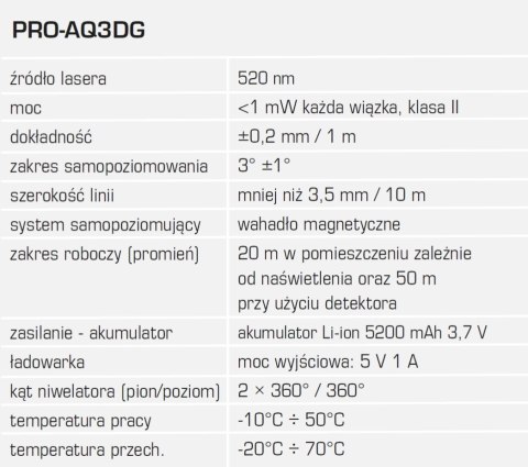 Laser Akumulatorowy Pro Aq3dg 3-Płaszczynowy, Pulsacja, Samopoziomowanie Ip54