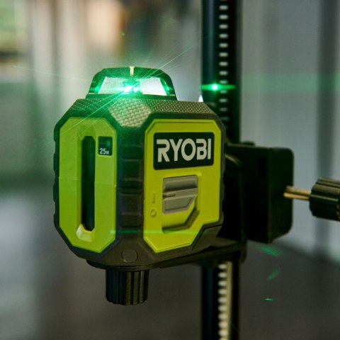 Laser Krzyżowy Ryobi Zielony 360° Samopoziomowanie, 25M, 4Xaa, Ochrona Guma