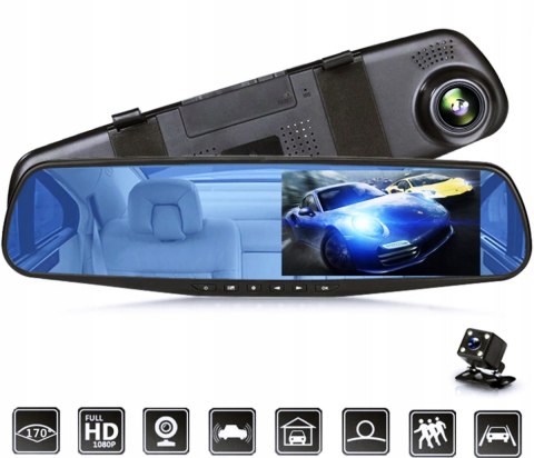 Kamera Samochodowa 2W1 Full Hd 1080P Lusterko Z Monitorem I Kartą 32Gb