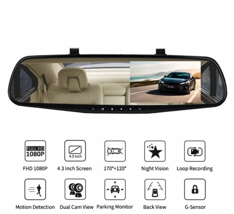 Kamera Samochodowa 2W1 Full Hd 1080P Lusterko Z Monitorem I Kartą 32Gb