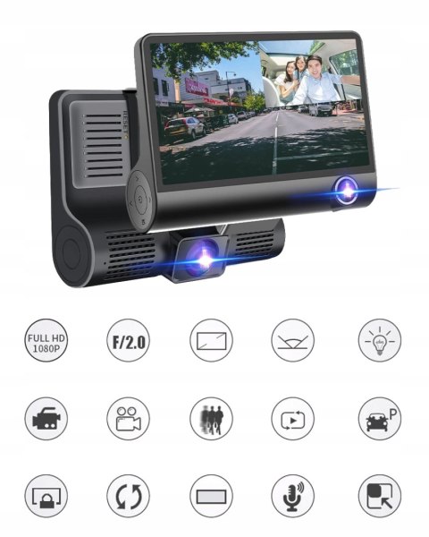 Rejestrator Jazdy 3 Kamery Full Hd + Kamera Cofania Wdr 4 Cale G-Sensor 24H