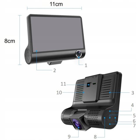 Rejestrator Jazdy Full Hd 3 Kamery Z Kamerą Cofania, Lcd 4 Cale, Diody Ir