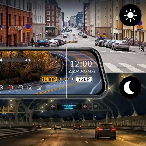 Wideorejestrator Samochodowy W Lusterku 9,66 Dotykowy Kamera Cofania Fullhd