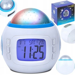 Budzik Projektor Gwiazd Nieba Led 7W1 Termometr Drzemka 10 Melodii Szum Fal