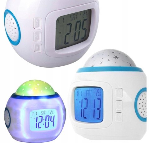 Budzik Projektor Gwiazd Nieba Led 7W1 Termometr Drzemka 10 Melodii Szum Fal