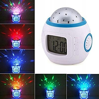Budzik Projektor Gwiazd Nieba Led 7W1 Termometr Drzemka 10 Melodii Szum Fal