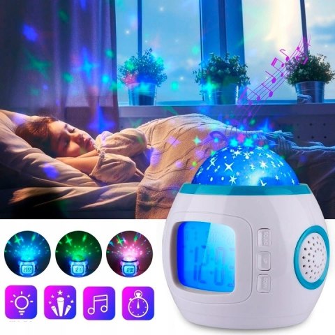 Budzik Projektor Gwiazd Nieba Led 7W1 Termometr Drzemka 10 Melodii Szum Fal