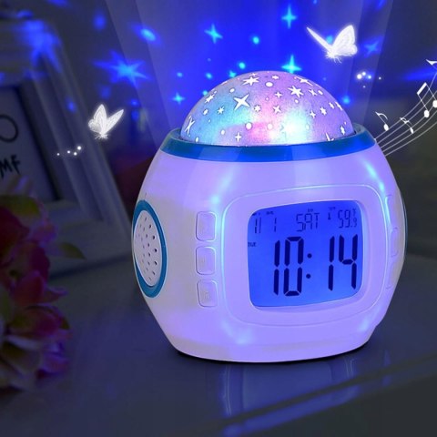 Budzik Projektor Gwiazd Nieba Led 7W1 Termometr Drzemka 10 Melodii Szum Fal