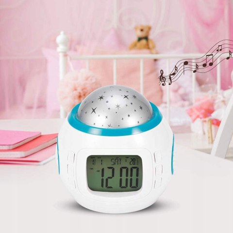 Budzik Projektor Gwiazd Nieba Led 7W1 Termometr Drzemka 10 Melodii Szum Fal