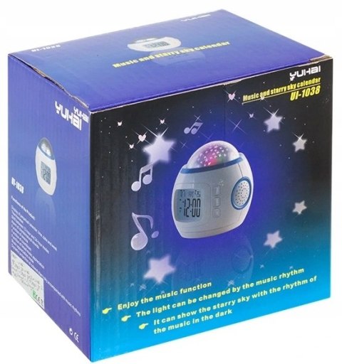 Budzik Projektor Gwiazd Nieba Led 7W1 Termometr Drzemka 10 Melodii Szum Fal