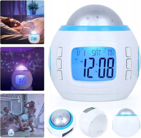 Budzik Projektor Gwiazd Nieba Led 7W1 Termometr Drzemka 10 Melodii Szum Fal