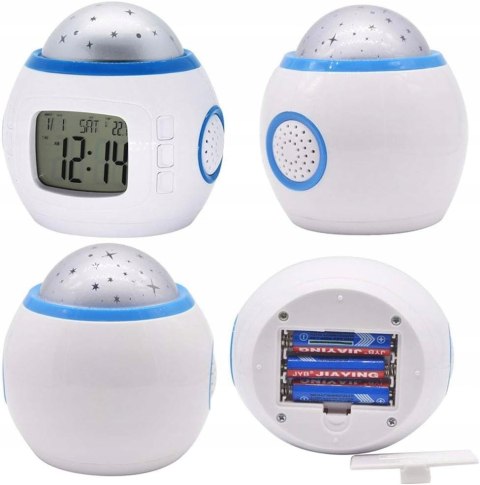 Budzik Projektor Gwiazd Nieba Led 7W1 Termometr Drzemka 10 Melodii Szum Fal