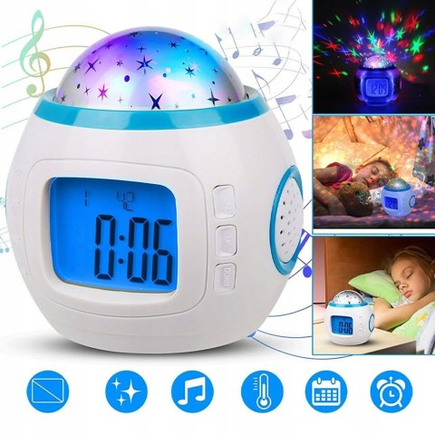 Budzik Projektor Gwiazd Nieba Led 7W1 Termometr Drzemka 10 Melodii Szum Fal