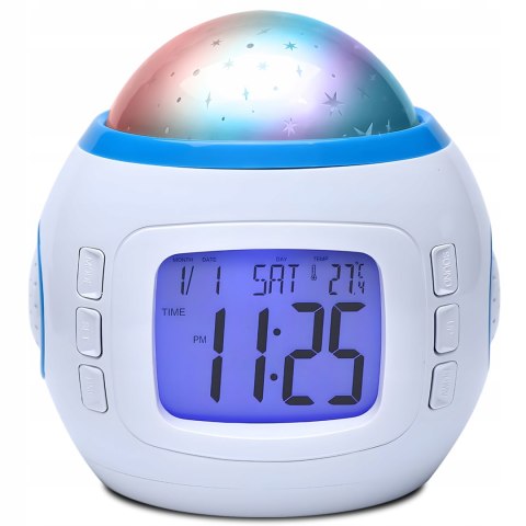 Budzik Projektor Gwiazd Nieba Led 7W1 Zegar Termometr Melodie Lampka Nocna