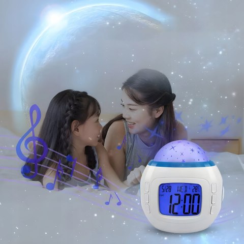 Budzik Projektor Gwiazd Nieba Led 7W1 Zegar Termometr Melodie Lampka Nocna
