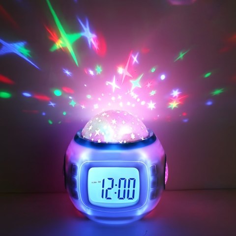 Budzik Projektor Gwiazd Nieba Led 7W1 Zegar Termometr Melodie Lampka Nocna