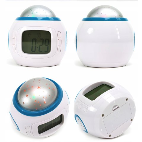 Budzik Projektor Gwiazd Nieba Led 7W1 Zegar Termometr Melodie Lampka Nocna