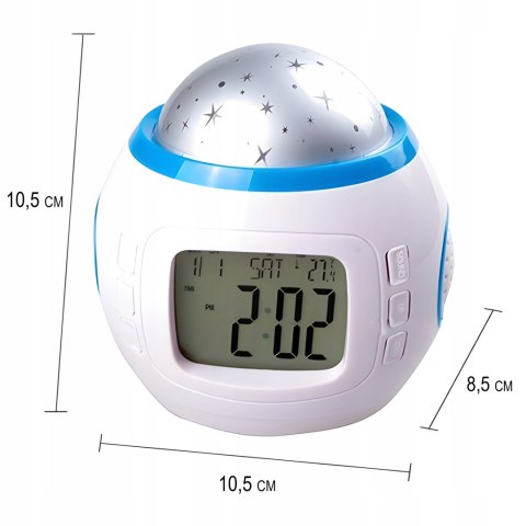 Budzik Projektor Gwiazd Nieba Led 7W1 Zegar Termometr Melodie Lampka Nocna