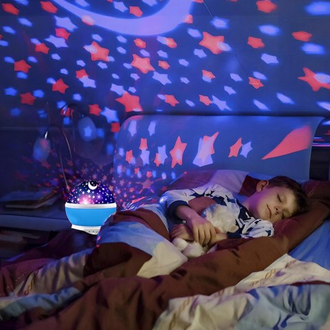 Lampka Nocna 2W1 Led Projektor Gwiazd I Księżyca Obrotowa 360° Dla Dziecka