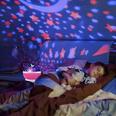 Lampka Nocna 2W1 - Projektor Gwiazd 360° Led, 8 Barw, Różowa, Dla Dziecka