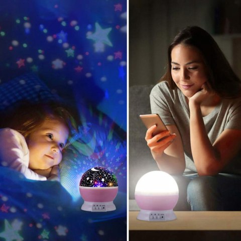 Lampka Nocna 2W1 - Projektor Gwiazd 360° Led, 8 Barw, Różowa, Dla Dziecka