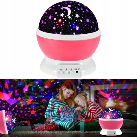 Lampka Nocna 2W1 - Projektor Gwiazd 360° Led, 8 Barw, Różowa, Dla Dziecka