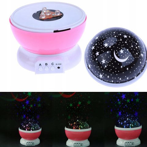 Lampka Nocna 2W1 - Projektor Gwiazd 360° Led, 8 Barw, Różowa, Dla Dziecka