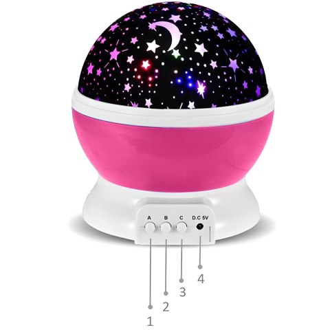 Lampka Nocna 2W1 - Projektor Gwiazd 360° Led, 8 Barw, Różowa, Dla Dziecka