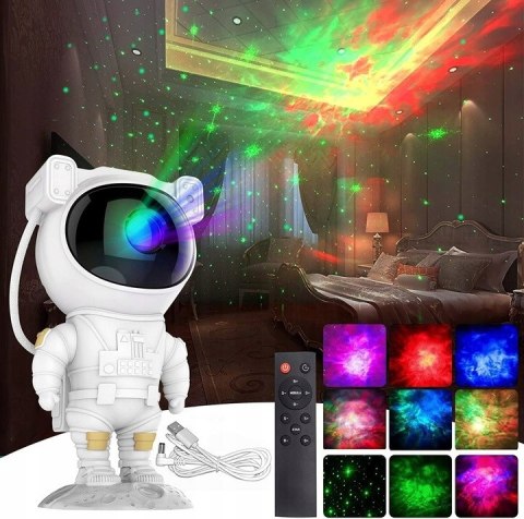Projektor Gwiazd Astronauta Lampka Nocna Dla Dzieci 8 Trybów Z Pilotem 360°