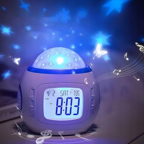 Budzik 7W1 Z Projektorem Gwiazd Nieba, Lampka Nocna Led, Termometr, Melodie
