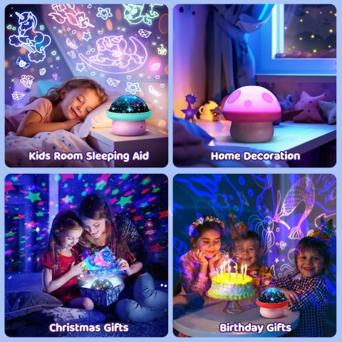 Grzybek Lampka Projektor Gwiazd 3 Tematy 360° Obrót Timer 10H Niebieska