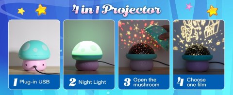 Grzybek Lampka Projektor Gwiazd 3 Tematy 360° Obrót Timer 10H Niebieska