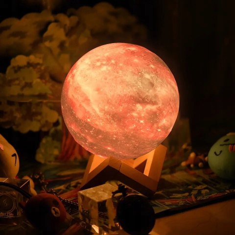 Księżycowa Lampka Led Na Biurko -Akumulator, Pilot, Drewniana Podstawka