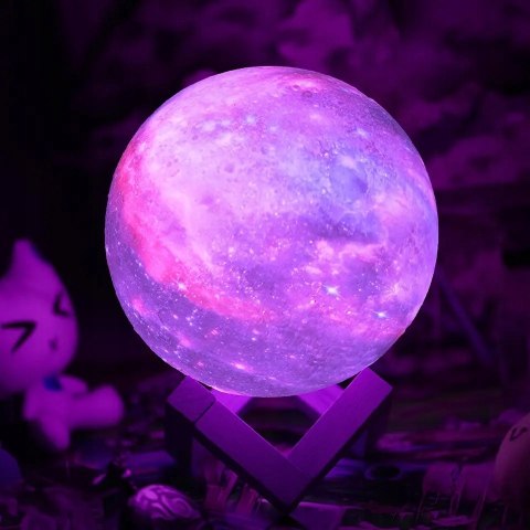 Księżycowa Lampka Led Na Biurko -Akumulator, Pilot, Drewniana Podstawka
