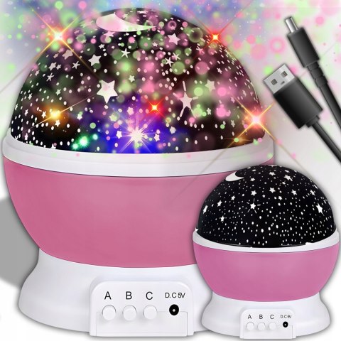 Lampka Nocna 2W1 Led Projektor Gwiazd 360° 8 Kolorów Różowa Usb Baterie