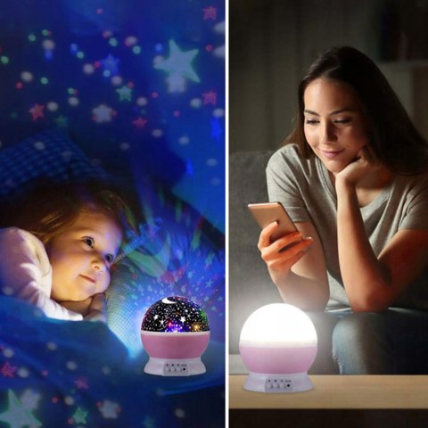 Lampka Nocna 2W1 Led Projektor Gwiazd 360° 8 Kolorów Różowa Usb Baterie