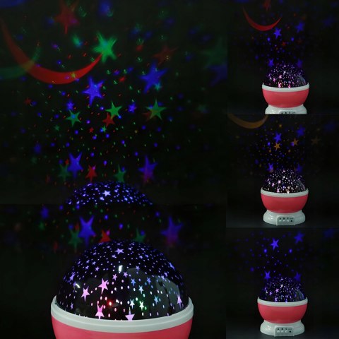 Lampka Nocna 2W1 Led Projektor Gwiazd 360° 8 Kolorów Różowa Usb Baterie