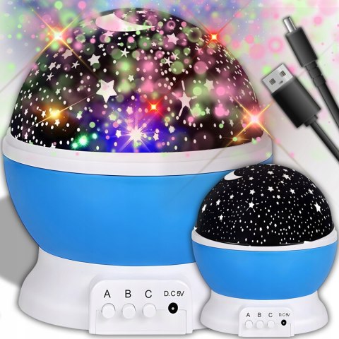 Lampka Nocna 2W1 Led Projektor Gwiazd 360° 8 Opcji Usb/Baterie Niebieska