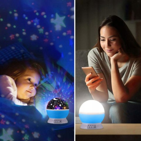 Lampka Nocna 2W1 Led Projektor Gwiazd 360° 8 Opcji Usb/Baterie Niebieska