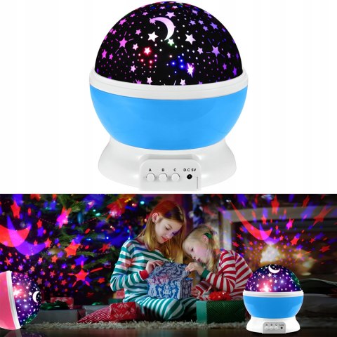 Lampka Nocna 2W1 Led Projektor Gwiazd 360° 8 Opcji Usb/Baterie Niebieska