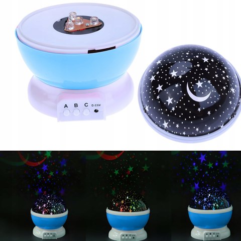 Lampka Nocna 2W1 Led Projektor Gwiazd 360° 8 Opcji Usb/Baterie Niebieska