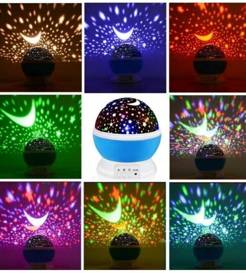 Lampka Nocna Dla Dziecka 2W1 Projektor Gwiazd Nieba 360° Usb/Baterie 8 Barw