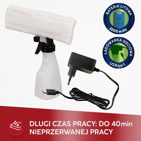Ergonomiczna Myjka Do Szyb Mpm Mds-01, 40 Min Bateria, 28 Cm Ściągaczka