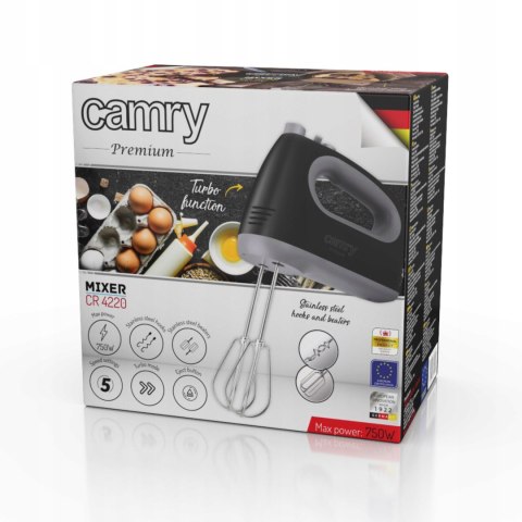Mikser Ręczny Camry 750W 5 Prędkości, Solidny, 21Cm, Stal Nierdzewna, Turbo
